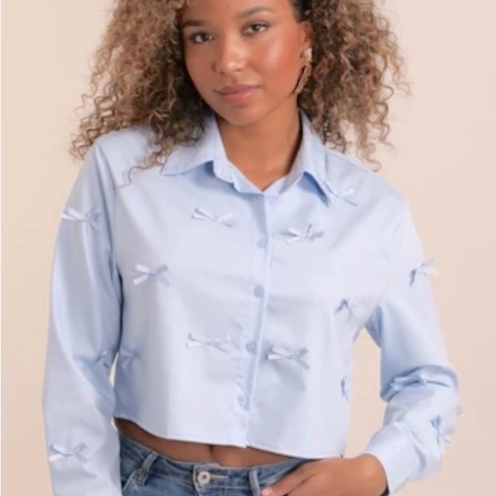 Wild Fable Light Blue Cropped Button Down Shirt med